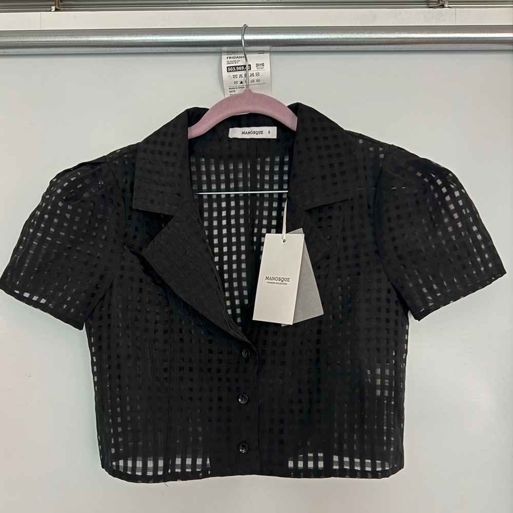Manosque Gingham black cropped blouse size Small